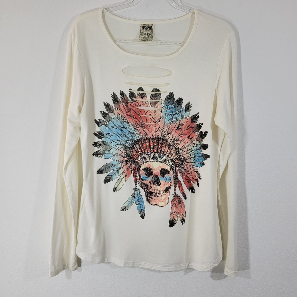 VOCAL colorful jeweled rhinestone tribal native skull cut out long sleeve tshirt